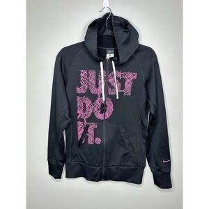 Nike Women's Jacket XS Black Pink JUST DO IT Spell out Full Zip Hoodie ThermaFit